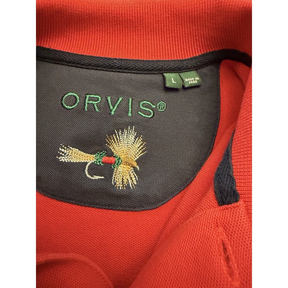 Orvis Orange Red Solid Polo Shirt Men's L Short Sleeve 100% Cotton Knit Logo EUC - Picture 3 of 9